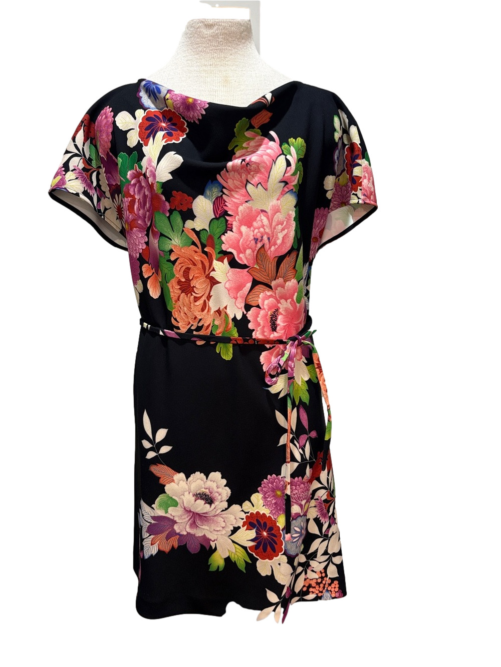 Natori Sz L Black Floral Belted Midi Dress